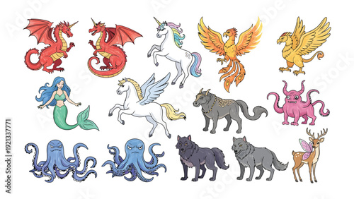 Whimsical Creatures Ensemble: A charming assortment of mythical creatures including dragons, unicorns, phoenixes, mermaids, and more, offering a touch of fantasy and enchantment. 