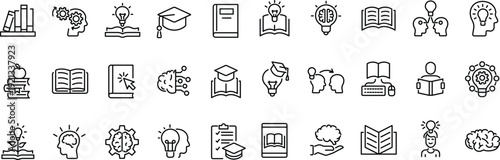 Set of outline icons related to knowledge. Linear icon collection. Editable stroke. Vector