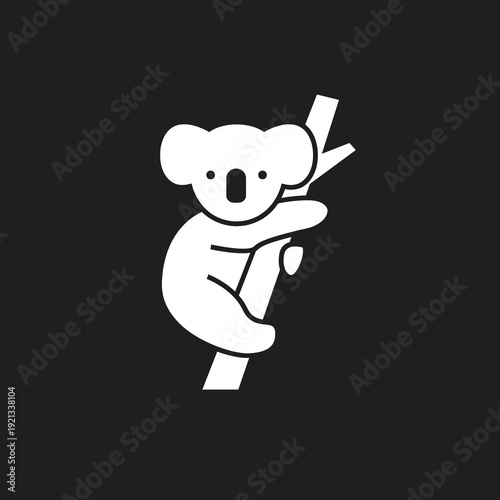 Minimalist White Koala Bear Icon Clinging to Tree Branch. Cute Vector Animal Logo on Black Background.