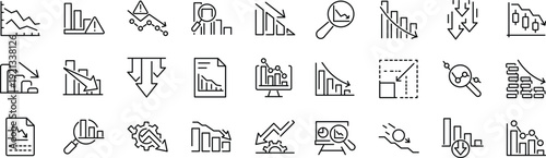 Set of outline icons related to reduction. Linear icon collection. Editable stroke. Vector