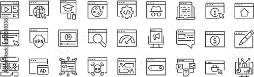 Set of outline icons related to website, browser. Linear icon collection. Editable stroke. Vector