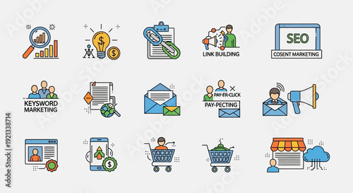 Digital Marketing Icons Representing SEO and Online Business.