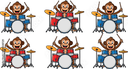 Funny cartoon monkey playing drums illustration set, cute animal musician with drum kit for kids entertainment, music education, nursery decor and playful character design