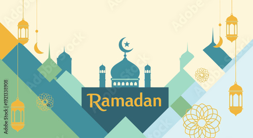 Modern Geometric Ramadan Kareem Illustration: A Minimalist Vector Background Featuring a Mosque Silhouette, Crescent Moon, Star, and Hanging Gold Lanterns for Islamic Holy Month Greetings