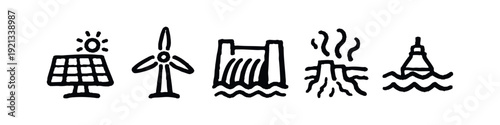 Energy Sources, Environmental Impact, and Climate Change Hand Drawn Doodle Icons Set