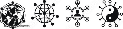 Global network and social connection icon set featuring world communication, user relationships, digital connectivity and balance concept symbols