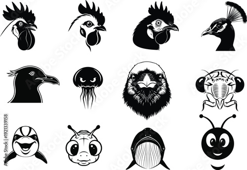 Collection of 12 cartoon animal faces in black and white