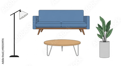 Blue Sofa with Furniture and Plant.