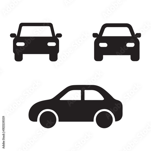 Vector illustration set of car icons and transport symbols featuring a collection of auto vehicles, trucks, and vans in a flat cartoon design for travel and traffic logos