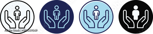 Human care and protection icon set with hands holding person, support, safety, insurance and social responsibility concepts