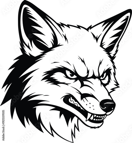 Fierce wolf head illustration in black and white