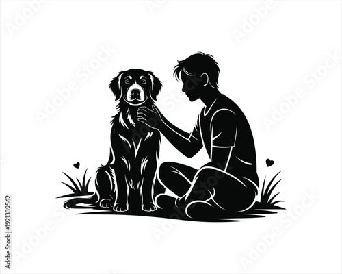 Owner sitting with Golden Retriever Vector silhouette illustration design, owner sitting with golden retriever vector, person with golden retriever silhouette, dog owner sitting vector illustration