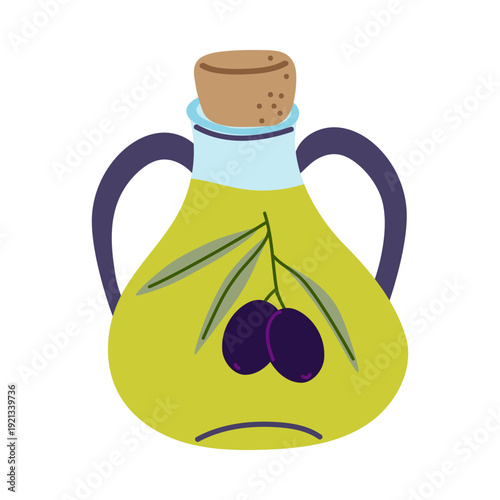 Glass bottle organic olive oil with cork and black olives. Modern flat vector illustration for Mediterranean cuisine, healthy cooking, and food packaging. Clean and simple culinary design