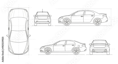 Car Blueprint Technical Drawing Views.
