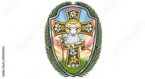Easter lamb on a cross with flowers and stars in a shield
