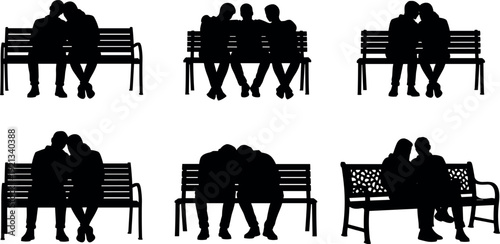 Romantic couple and friends silhouettes sitting on park benches set, black people shapes, love and friendship concept, outdoor seating, minimal vector illustration isolated on white