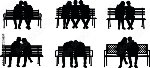 Romantic couple silhouettes sitting on park benches set, black isolated people shapes, love relationship concept, outdoor seating, minimal vector illustration for stock design