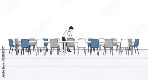 Woman Arranging Chairs Meeting Room Vector