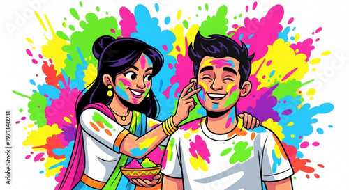 Young couple celebrating holi festival with colorful powder smiling and having fun together outdoors