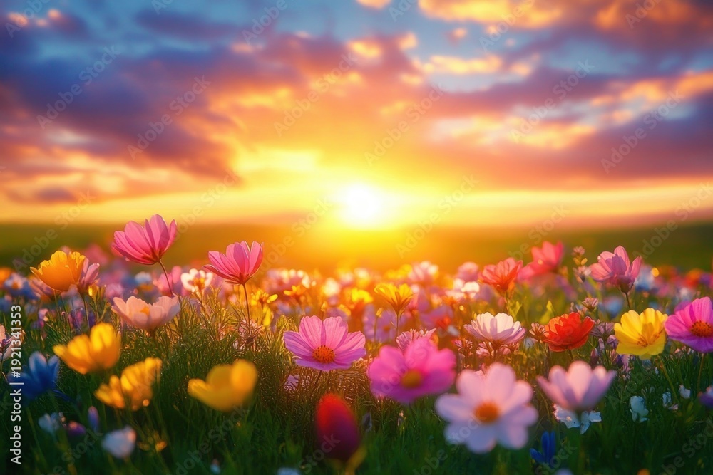 Fototapeta premium sunlit wildflower meadow at golden sunset with colorful blooms, dramatic cloud-filled sky and warm glowing light evoking peaceful, joyful serenity