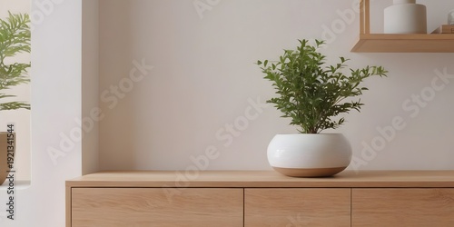 Minimalist Japandi Interior with Floating Oak Cabinet and Copy Space