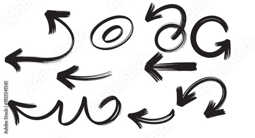 Set of arrows Include a variety of arrow styles such as straight arrows up, down, left, right, curved arrows, circular arrows,  zigzag arrows, dashed arrows, bold arrows design 