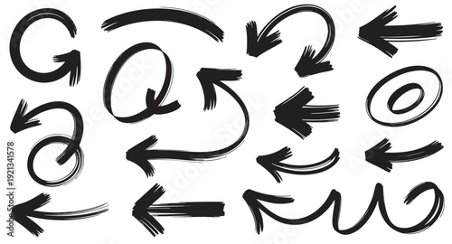 Set of arrows Include a variety of arrow styles such as straight arrows up, down, left, right, curved arrows, circular arrows,  zigzag arrows, dashed arrows, bold arrows design 