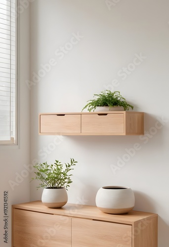 Minimalist Japandi Interior with Floating Oak Cabinet and Copy Space