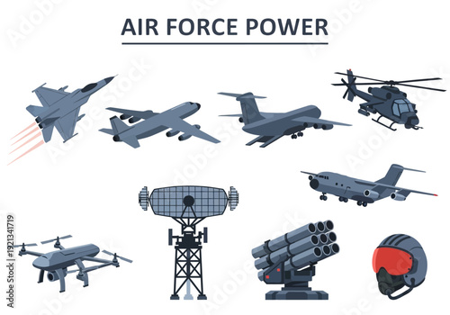 Collection of military aircraft, radar, and defense equipment showcasing air force power and technology