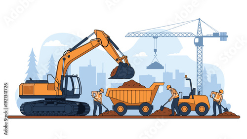 Heavy construction machinery, including an excavator and dump truck, with workers shoveling dirt on a construction site with a crane.