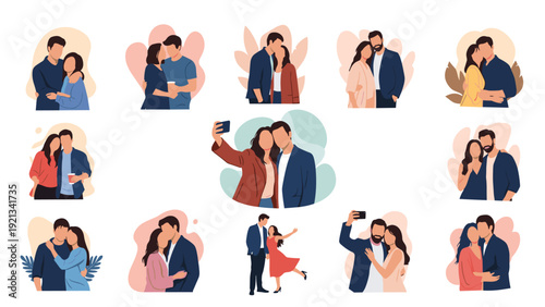 Collection of romantic couples showing affection, including hugs, kisses, and selfies, depicting love and relationships in various poses.