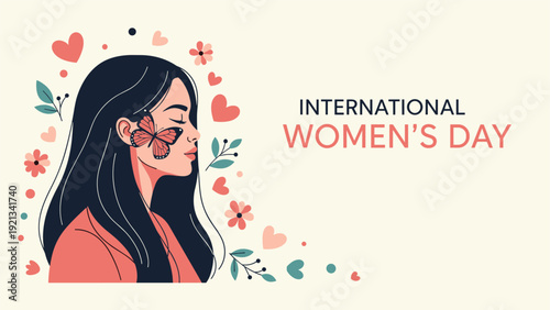 International Women's Day banner featuring a beautiful woman with a butterfly on her cheek, surrounded by hearts and flowers, symbolizing empowerment.