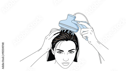 Woman massaging her scalp with a specialized shampoo brush or massager, depicting hair care and relaxation.