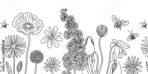 Black Sketch of Flowers Isolated on White Background. Set of flowers vector illustration of a plant .elements including blooming flowers,buds, leaves, stems, and small botanical branches. vectordesign