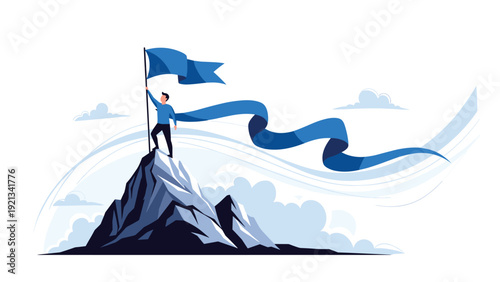 Determined man proudly standing on a mountain peak, holding a large blue flag, symbolizing success, leadership, and achievement.