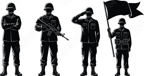 Black and white vector illustration of four soldiers in different poses, military uniform design showing combat readiness, salute, defense and patriotism