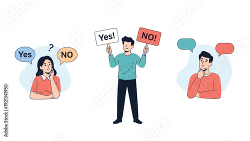 Man holds opposing 'Yes!' and 'No!' signs, while others ponder with question marks and conflicting opinions in thought bubbles, illustrating complex decision-making and debate.