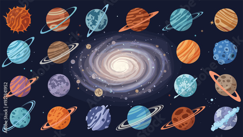 Vibrant collection of planets and celestial bodies orbiting a central galaxy, showcasing the vastness and diversity of the universe and space exploration.