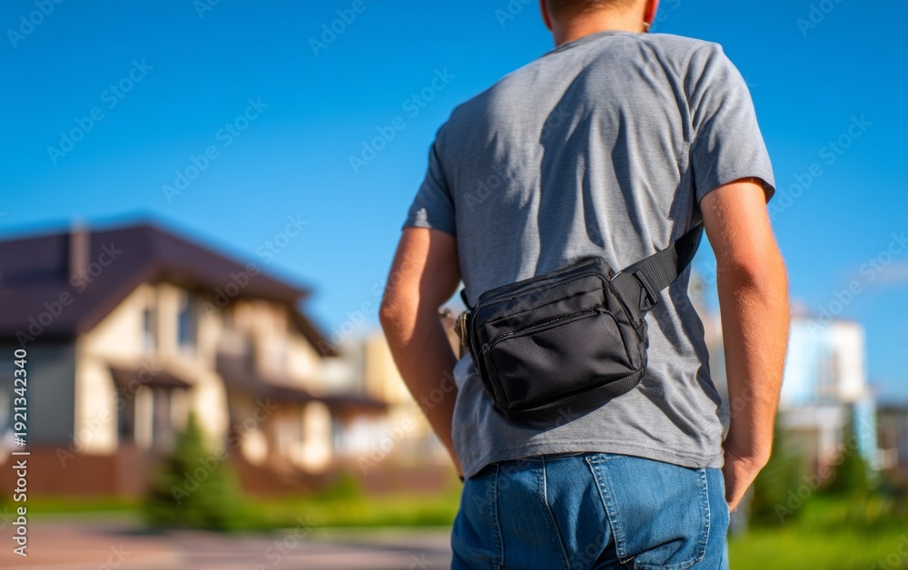 Fototapeta premium Person Standing Outdoors with Compact Camera Bag