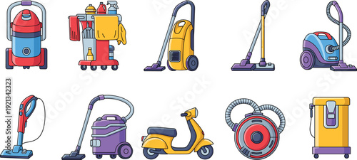 Cartoon vector illustration of cleaning equipment set including vacuum cleaners, cleaning cart, trash bin, and modern household appliances