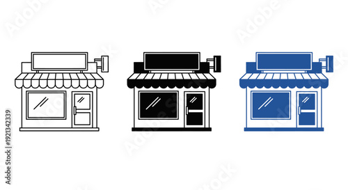 Storefront and Retail Shop Icon Set in Outline, Solid Black, and Blue Styles for Small Business, Marketplace, and E-commerce App Design