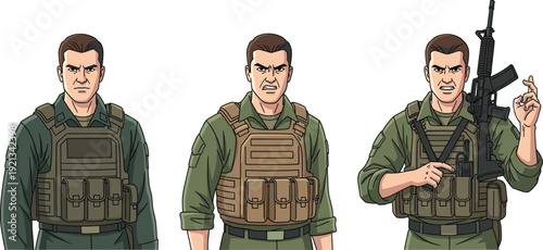 Cartoon vector illustration of three male soldiers in tactical gear with rifle, showing stern, angry, and commanding facial expressions for stock