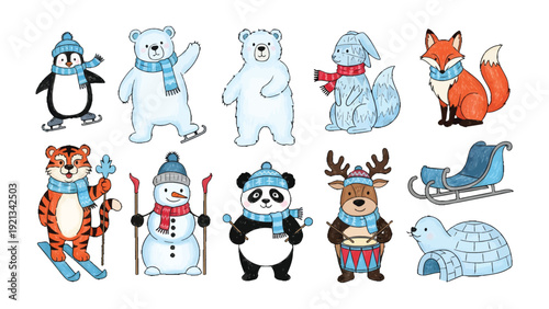 Winter Wonderland Animals: A delightful collection of charming animal illustrations adorned in winter attire, perfect for adding a touch of frosty cheer. 