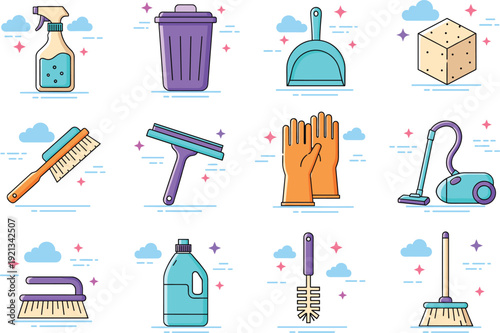 Colorful cleaning tools and supplies vector illustration showing spray bottle, broom, vacuum, gloves, sponge, and hygiene equipment for household freshness