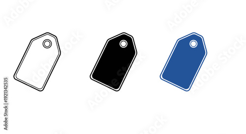 Price Tag and Retail Label Icon Set in Outline, Solid Black, and Blue Styles for E-commerce Sales, Discounts, and Product Branding