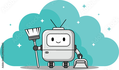 Cute cartoon robot cleaning with broom and dustpan in front of sparkling blue cloud background representing digital system maintenance concept