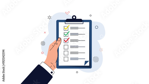 Professional hand holds a clipboard featuring a comprehensive checklist with both green and red checkmarks, symbolizing task completion, project status, and efficient evaluation.