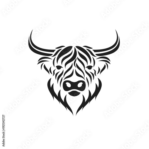 Stylized Highland Cow Head Tribal Logo. Vector Illustration of an Ox or Bull Face.