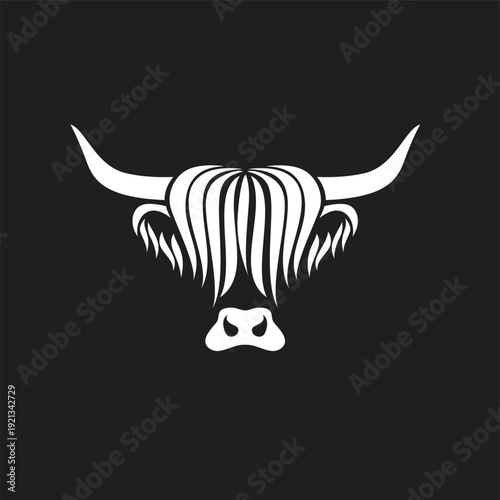 Highland Cow Head Logo Vector. Minimalist Bull Silhouette with Shaggy Hair and Horns against a Black Background.