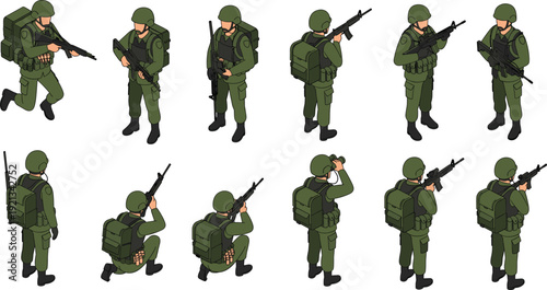 Isometric vector illustration of soldiers in green military gear with rifles, helmets, backpacks, tactical stances, kneeling, aiming, observing positions.Isometric vector illustration